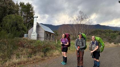 Outside Ellis Hut on the first day