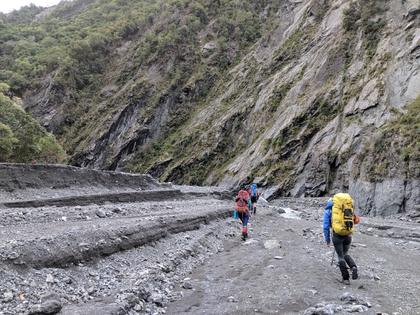 Heading up the completely altered river bed, a year on