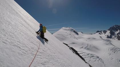 Elisabet down climbs what is now complete slush (we were glad we turned back by this point!)