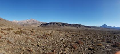 The plain between tukino ski field road and Mangatoetoenui stream - Ruapehu and Ngaruhoe in background.