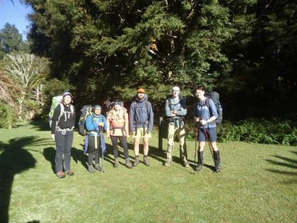 The team outside Waiharuru Hut (Jacqui is taking the photo)