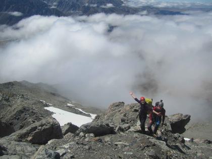 Nick H and Elisabet scrambling up the ‘Ngaurahoe’ section of Sebastapol ridge (credit Henry)