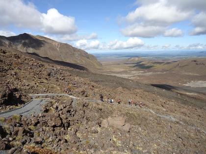 TAC walkers making their way up out of the Mangatepopo Valley. Pukekaikore is on the left. 10 am