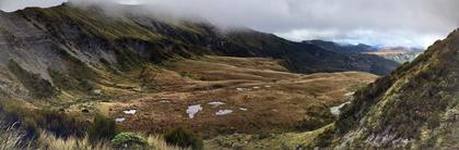 A vista across a mountain cwm with tarns