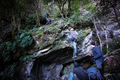 Climbing the ropes on the Bulmer Bluffs