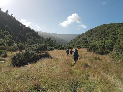 Squelching our way through the grass beside the Waitohu River. Photo credit: Pat