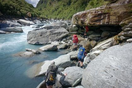 The Whitcombe River and its house-sized boulders