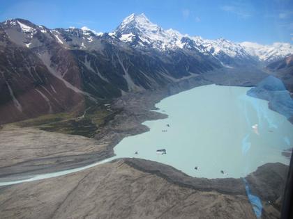 The view of Tasman Glacier and Mt Cook from the helicopter (credit Henry)