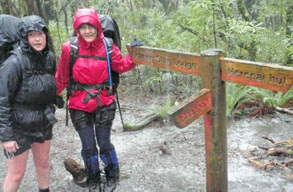 Karen and Denise looking like drowned rats at the turn-off to Herepai Hut