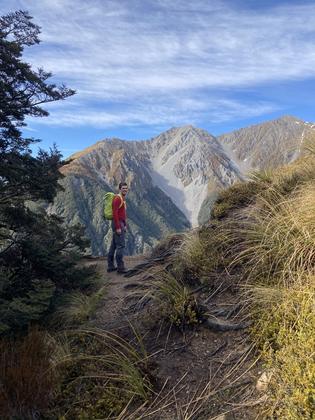 The Avalanche Peak track breaks at the tree-line beside a huge landslip