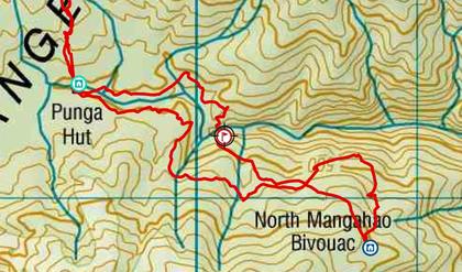 Map of our route; the flag is the steep section we would not recommend crossing, and travel was better not crossing the river on the way back from North Managahao Biv