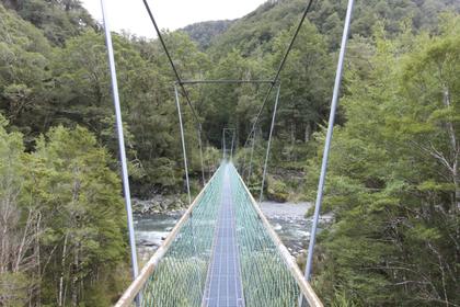 The very long swing bridge to Cow Creek Hut.