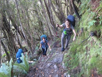 Three people walking uphill