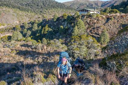 Sarah leads us away from the crowds at Waipakihi Hut. Photo credit: Ian.
