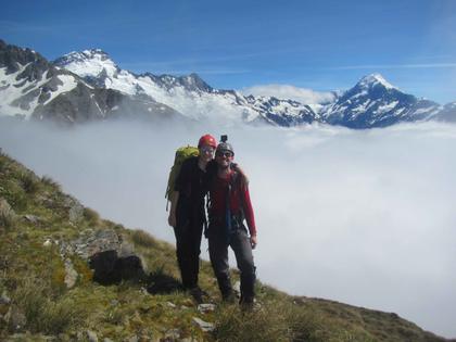 Nick H and Elisabet on Sebastapol ridge with the prominent peaks Sefton, Footstool and Cook from L to R (credit Henry)