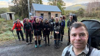 Outside Ellis Hut on the second day