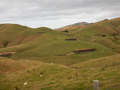 Concrete buildings in rolling fields