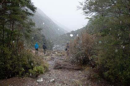 The rain at Gosling Hut turns to snow