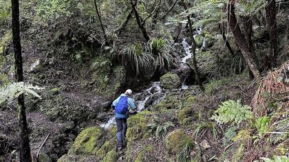 Sara crossing a small stream on track from Cone Hut to Cone Saddle. Photo credit- Sara]