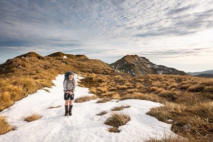 A wee patch of snow to practice our self-arrests. Photo credit: Tony.