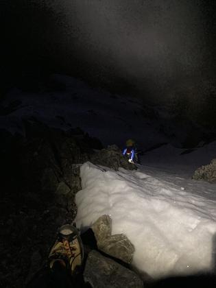 The first obstacle on the Rome Ridge is a mixed scramble of rock and snow with a bit of route finding required