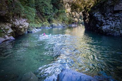 The first of the 15 or so long (about 100 m) swims in the gorge above Hector Forks.