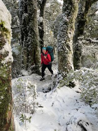 Anne in the Tararua winter wonderland on the track up to Powell Hut. (Credit: Emily)