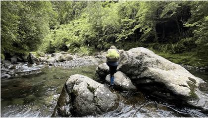 Clambering over some slippery rocks as we try to avoid falling into the deeper pools