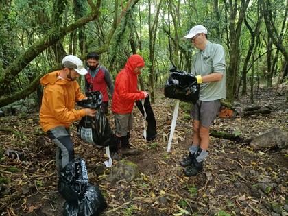 Bagging up rubbish below Washpool Hut