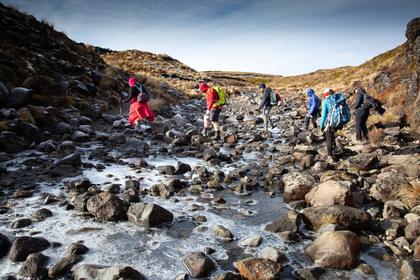 Crossing slippery ice covered rocks on the way to Tama Lakes